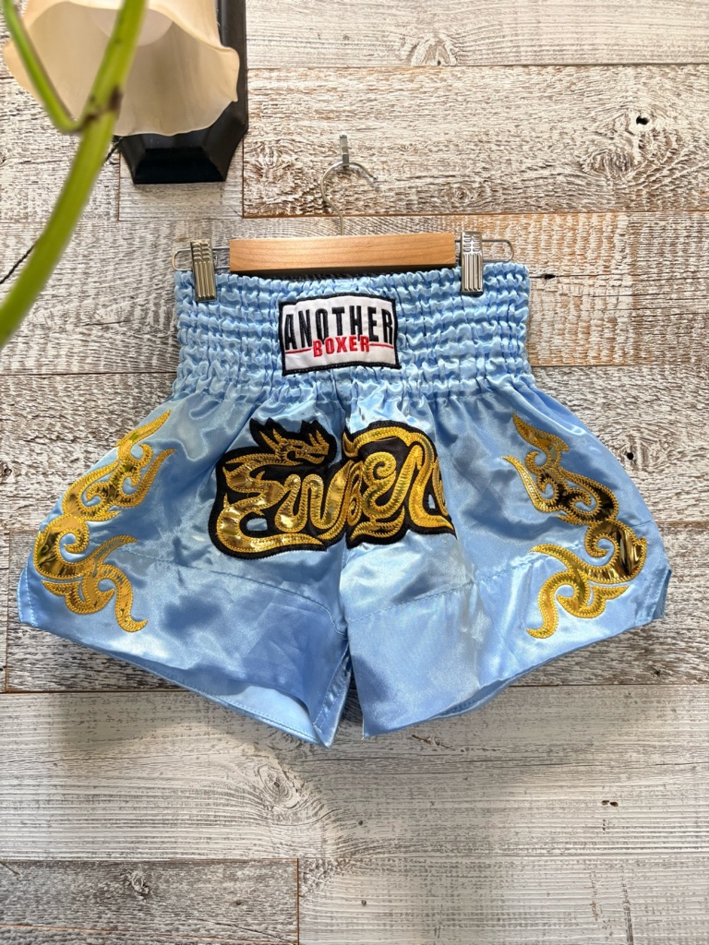 Kids/Youth "Another Boxer" Light Blue Muay Thai Shorts with Gold Embroidery - S